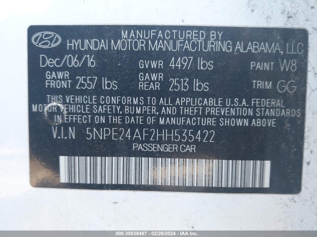 Hyundai Sonata 2017 5NPE24AF2HH535422 Image 9