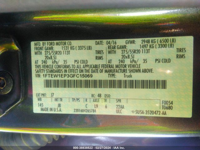 1FTEW1EP3GFC15069 Ford F-150 Xlt