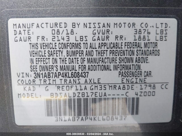 Nissan SENTRA SV 2019 3N1AB7AP4KL608437 Image 9