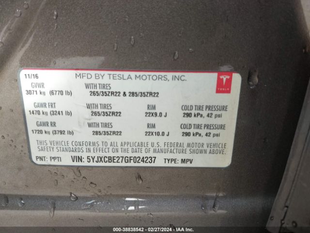 5YJXCBE27GF024237 Tesla Model X 60d/70d/75d/90d/p100d
