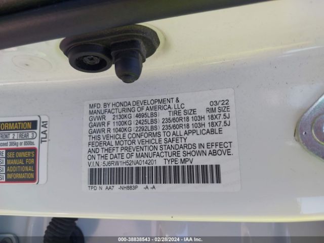 5J6RW1H52NA014201 Honda Cr-v 2wd Ex