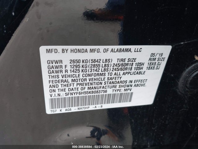 Honda Pilot Ex-l 2019 5FNYF6H55KB083756 Image 9