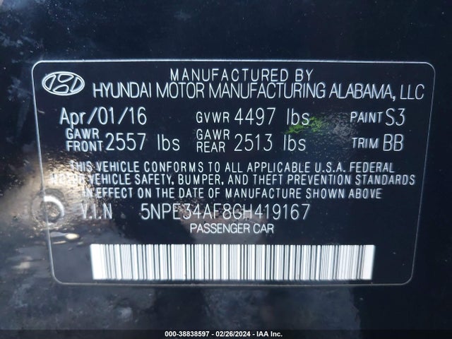 Hyundai Sonata Limited 2016 5NPE34AF8GH419167 Image 9