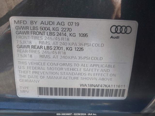 2019 AUDI A4 ALLROAD WA18NAF47KA111611 Photo 8