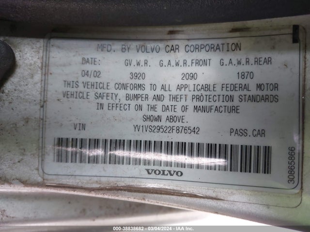 2002 VOLVO S40 A VIN: YV1VS29522F876542