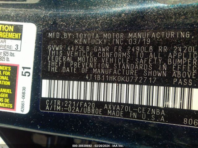 4T1B11HK0KU772717 Toyota CAMRY LE