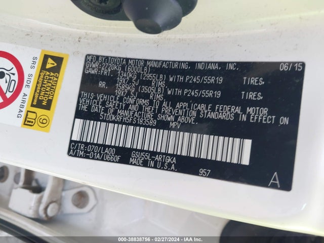Toyota Highlander Limited V6 2015 5TDDKRFH5FS183589 Image 9