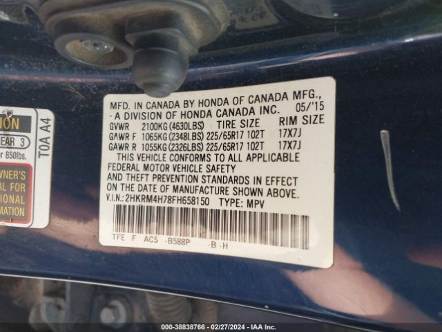 2HKRM4H78FH658150 Honda Cr-v Ex-l