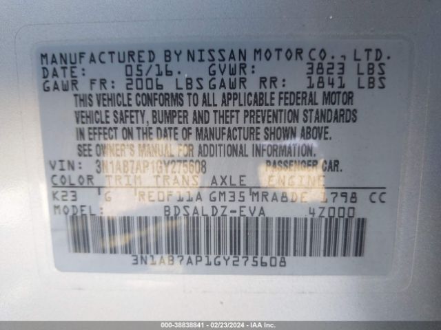 3N1AB7AP1GY275608 Nissan SENTRA SV