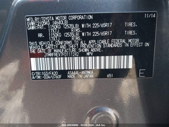 Toyota Rav4 Xle 2015 JTMRFREV7FD111242 Image 9