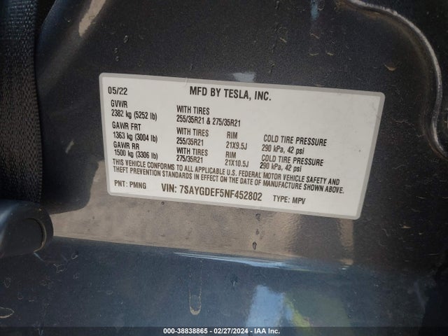 7SAYGDEF5NF452802 Tesla Model Y Performance Dual Motor All-wheel Drive