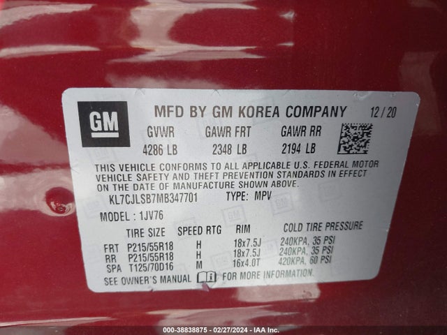 Chevrolet Trax Fwd Lt 2021 KL7CJLSB7MB347701 Image 9