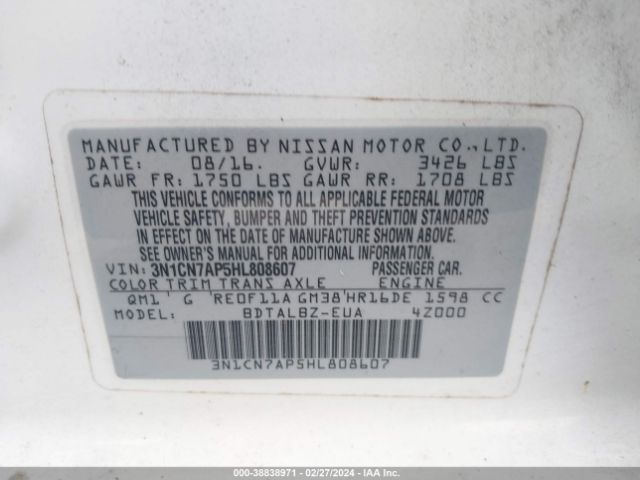 3N1CN7AP5HL808607 Nissan Versa 1.6 S/1.6 S+/1.6 Sl/1.6 Sv