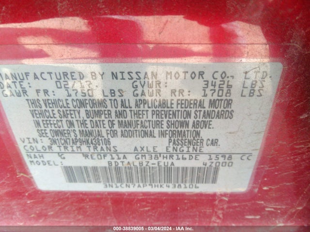Nissan Versa 1.6 Sv 2017 3N1CN7AP9HK438106 Image 9