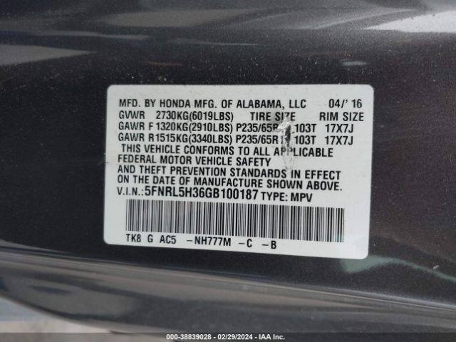 5FNRL5H36GB100187 Honda ODYSSEY SE