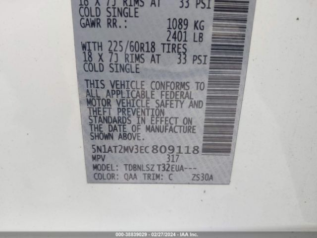 5N1AT2MV3EC809118 Nissan Rogue Sl