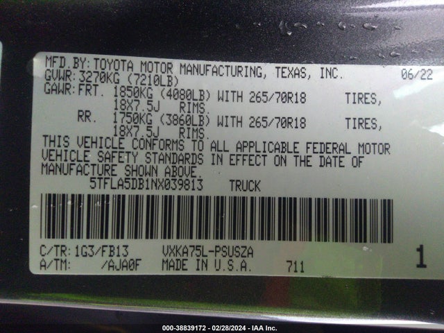 Toyota Tundra Sr5 2022 5TFLA5DB1NX039813 Image 9