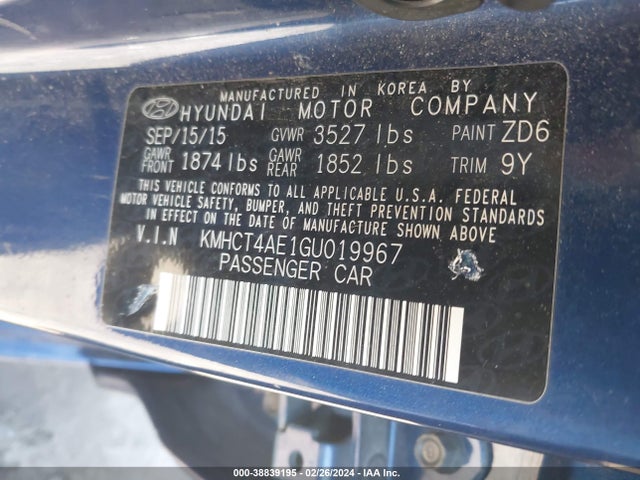 KMHCT4AE1GU019967 Hyundai ACCENT SE