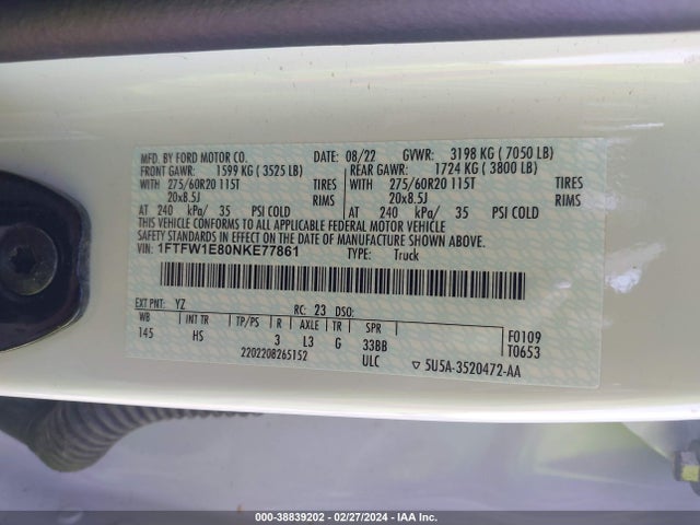Ford F-150 Lariat 2022 1FTFW1E80NKE77861 Image 9