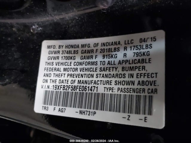 Honda Civic Lx 2015 19XFB2F58FE061471 Image 9