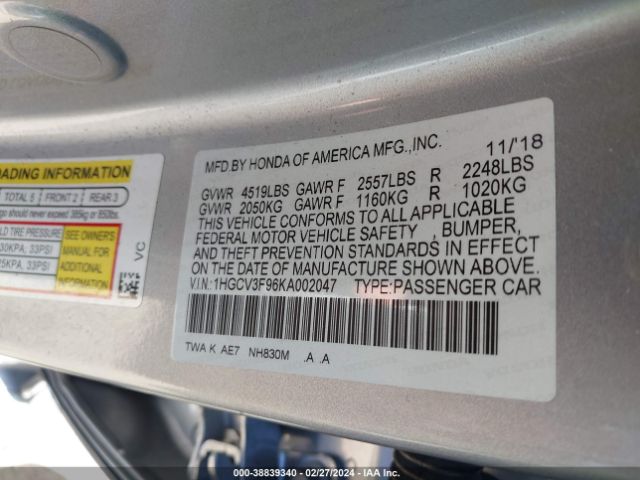 1HGCV3F96KA002047 Honda Accord Hybrid Touring