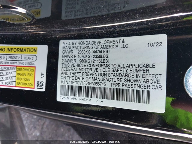 38839346 :رقم المزاد ، 1HGCV1F34NA086745 vin ، 2022 Honda Accord Sport مزاد بيع