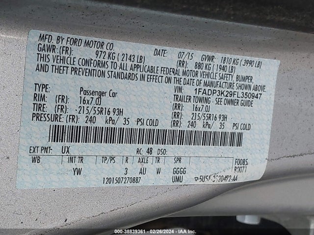 Ford FOCUS SE 2015 1FADP3K29FL350947 Image 9