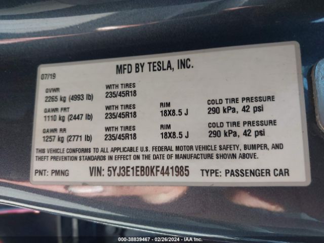5YJ3E1EB0KF441985 Tesla Model 3 Long Range/performance