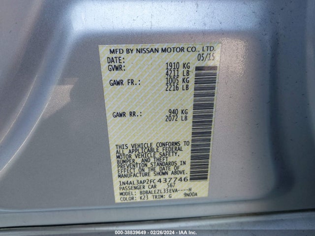38839649 :رقم المزاد ، 1N4AL3AP2FC437746 vin ، 2015 Nissan Altima 2.5 S مزاد بيع