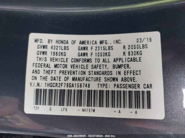 Honda ACCORD EX 2016 1HGCR2F79GA158748 Image 9