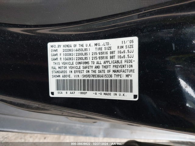 2006 HONDA CR-V LX VIN: SHSRD78536U415336