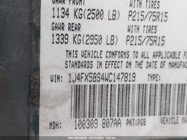 1998 JEEP GRAND CHEROKEE LAREDO VIN: 1J4FX58S4WC147819