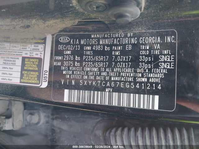 KIA SORENTO LX 2014 5XYKTCA67EG541214 Image 9