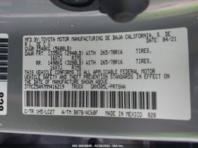 2021 TOYOTA TACOMA 3TMCZ5AN7MM416219 Photo 8