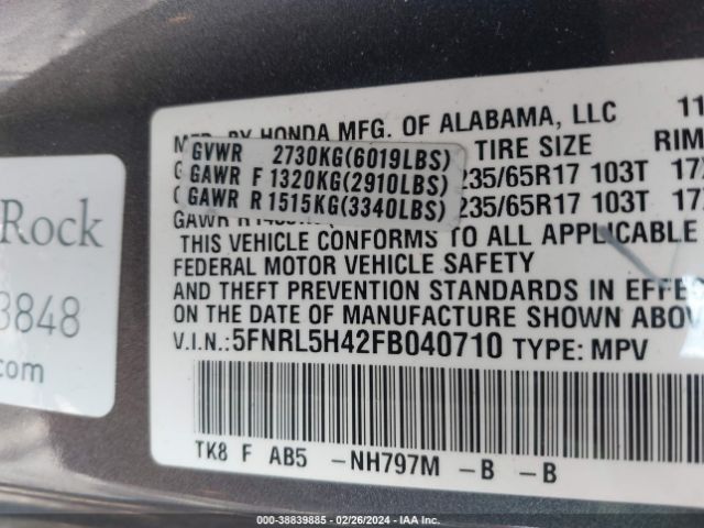 5FNRL5H42FB040710 Honda ODYSSEY EX
