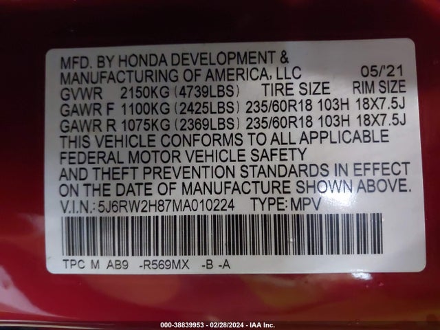 Honda Cr-v Awd Ex-l 2021 5J6RW2H87MA010224 Image 9