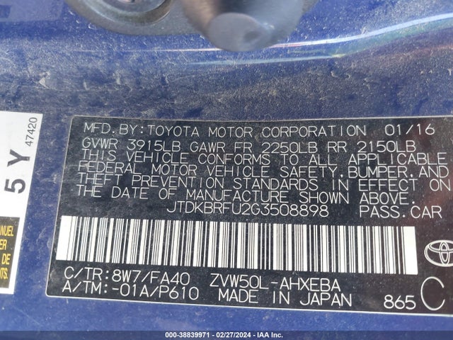 Toyota Prius Two 2016 JTDKBRFU2G3508898 Image 9