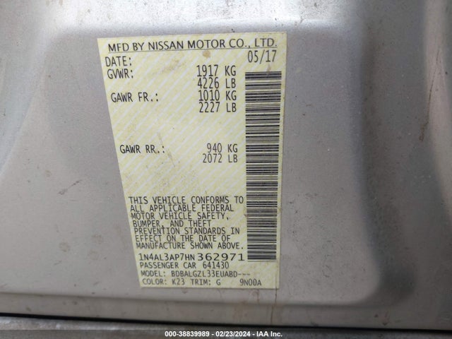 Nissan Altima 2.5 S 2017 1N4AL3AP7HN362971 Image 9