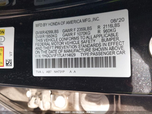 Honda ACCORD LX 2020 1HGCV1F17LA114629 Image 9