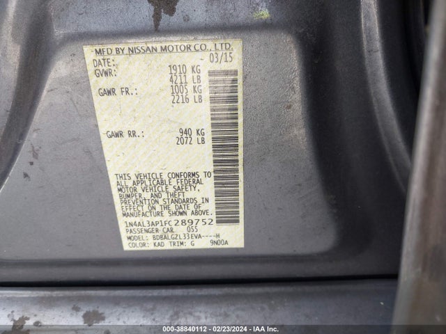 Nissan Altima 2.5 S 2015 1N4AL3AP1FC289752 Image 9