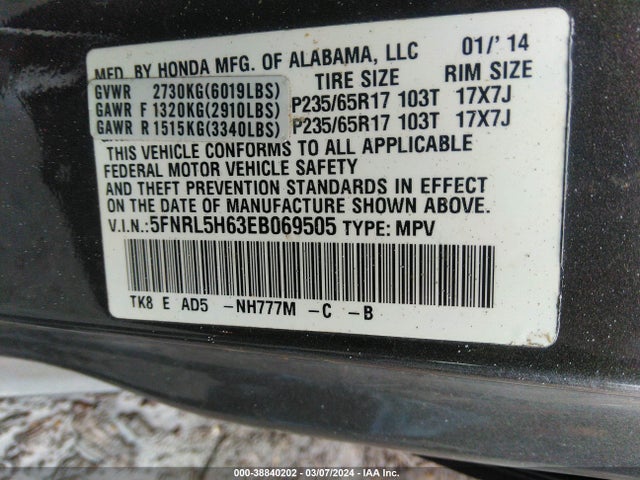 Honda Odyssey Ex-l 2014 5FNRL5H63EB069505 Image 9