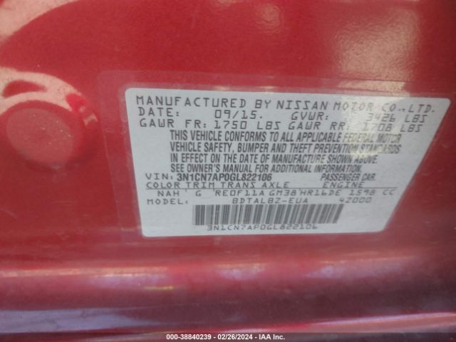 3N1CN7AP0GL822106 Nissan Versa 1.6 S/1.6 S+/1.6 Sl/1.6 Sv
