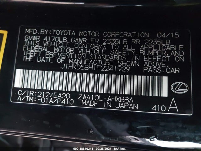 JTHKD5BH1F2241929 Lexus CT 200H