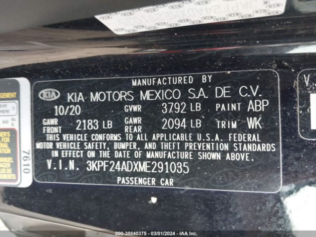 3KPF24ADXME291035 KIA Forte Lxs