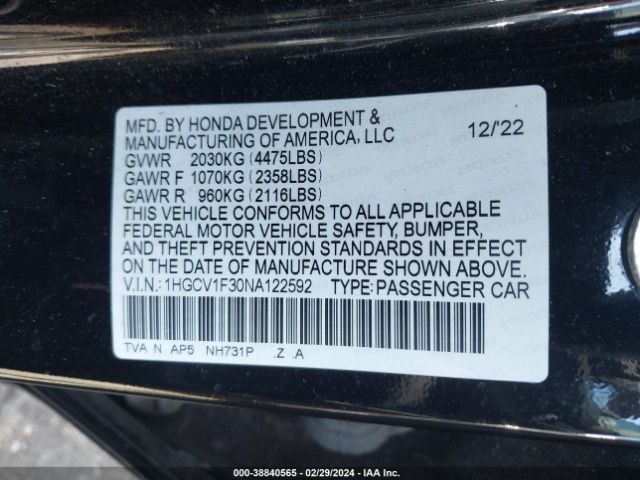 2022 HONDA ACCORD 1HGCV1F30NA122592 Photo 8