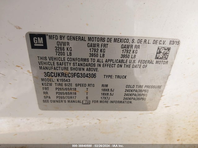 Chevrolet Silverado 1500 2lt 2015 3GCUKREC9FG304306 Image 9