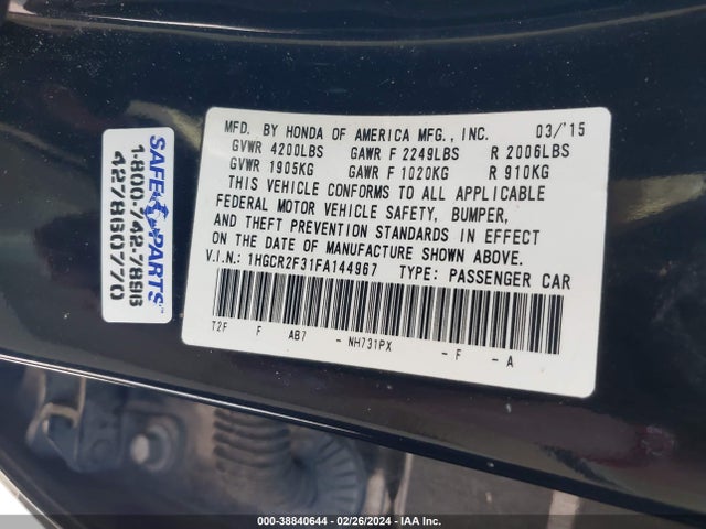 Honda ACCORD LX 2015 1HGCR2F31FA144967 Image 9