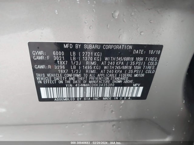 Subaru Ascent Premium 2019 4S4WMACD6K3435380 Image 9