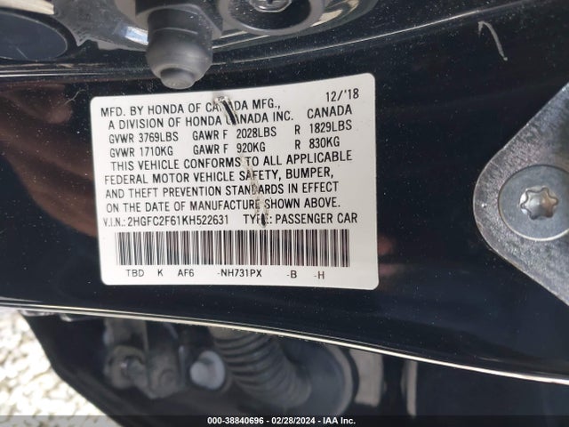 Honda Civic Lx 2019 2HGFC2F61KH522631 Image 9