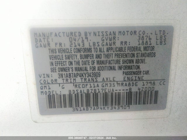 Nissan SENTRA S 2019 3N1AB7AP4KY343909 Image 9